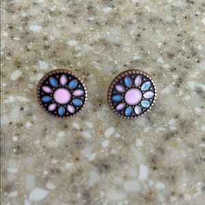 Pink and Blue Floral Stud Earrings
